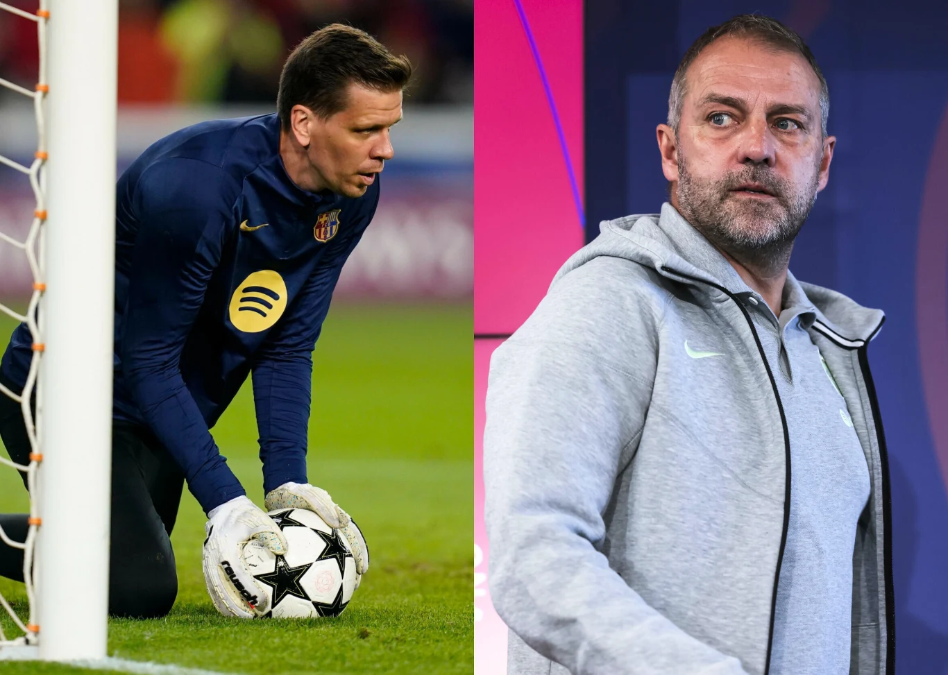 Na zdjęciu bramkarz Wojciech Szczęsny oraz trener FC Barcelona - Hansi Flick