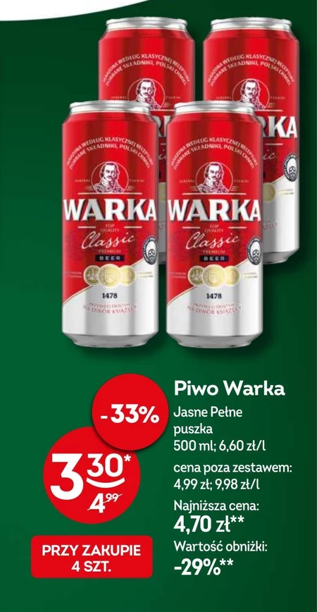 Warka Classic Piwo jasne 4 x 500 ml
