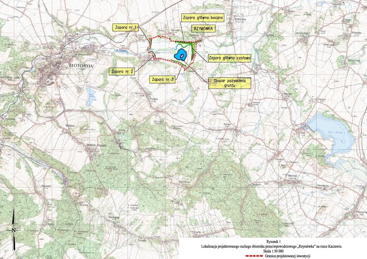 Lokalizacja projektowanego suchego zbiornika przeciwpowodziowego Rzymówka na Kaczawie.