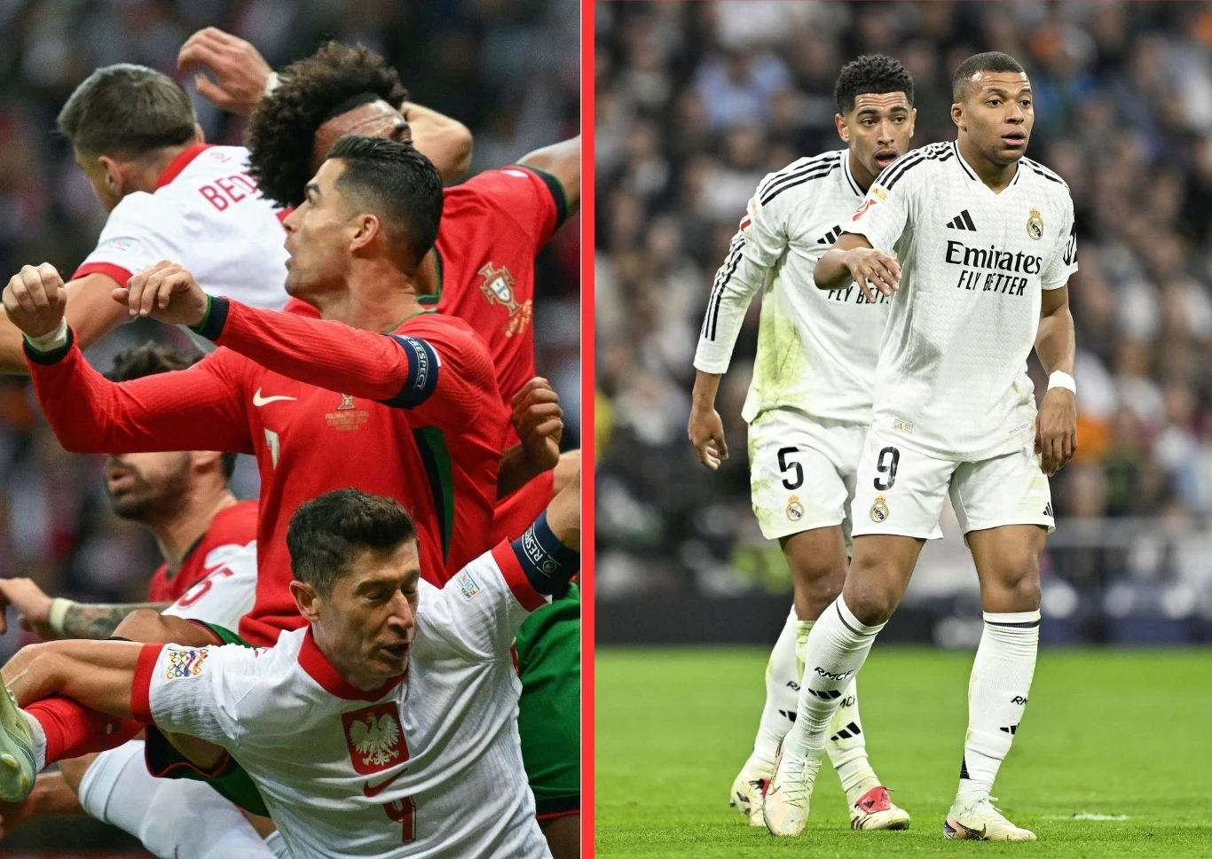Po lewej kadr ze spotkania Polska - Portugalia. Po prawej Kylian Mbappe i Jude Bellingham w barwach Realu Madryt Po lewej kadr ze spotkania Polska - Portugalia. Po prawej Kylian Mbappe i Jude Bellingham w barwach Realu Madryt