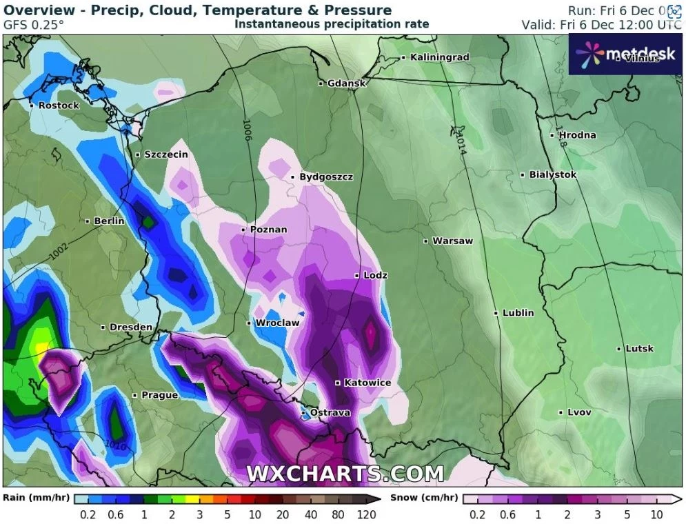 Zachodnia połowa Polski zostanie objęta strefą intensywnych opadów śniegu, które z czasem przejdą w opady deszczu