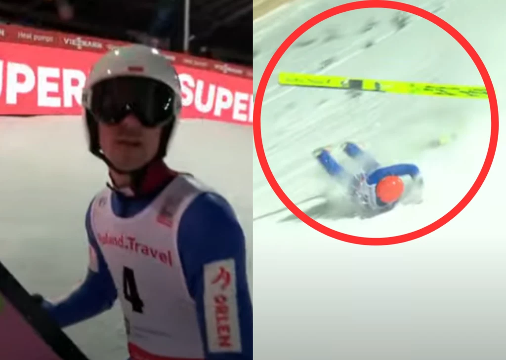Skoki narciarskie. Na zdjęciu Piotr Żyła oraz Jason Colby, który zanotował upadek podczas piątkowego treningu w Wiśle