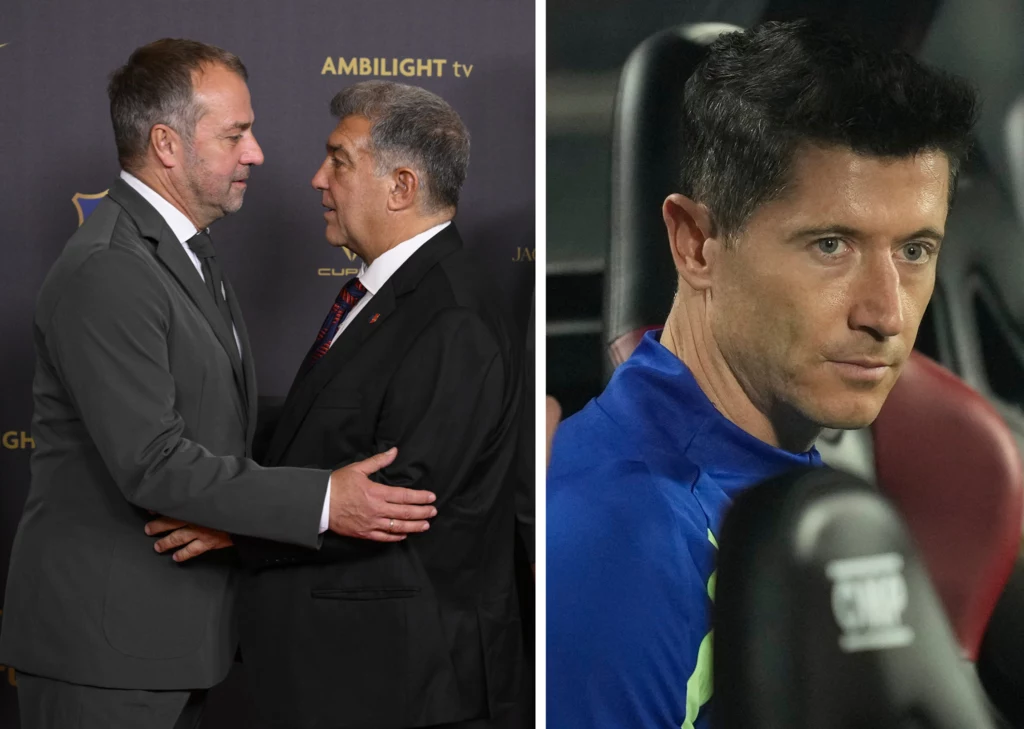 Na zdjęciu trener FC Barcelona Hansi Flick, prezes Joan Laporta oraz napastnik Robert Lewandowski Na zdjęciu trener FC Barcelona Hansi Flick, prezes Joan Laporta oraz napastnik Robert Lewandowski
