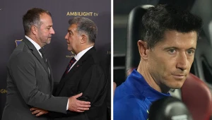 Na zdjęciu trener FC Barcelona Hansi Flick, prezes Joan Laporta oraz napastnik Robert Lewandowski