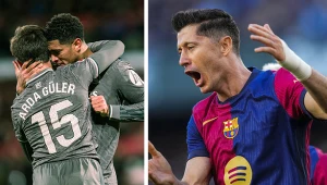 Na zdjęciu piłkarze Realu Madryt Adra Guler i Jude Bellingham oraz gwiazdor FC Barcelona - Robert Lewandowski