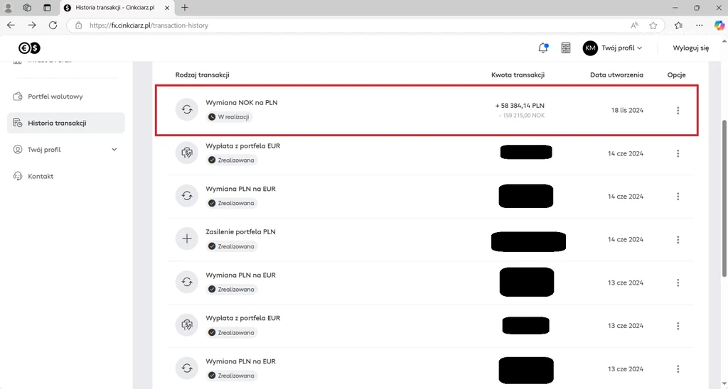 W wirtualnej portmonetce transakcja widnieje nieustannie, jako "w realizacji"
