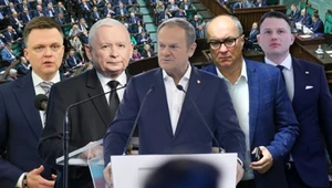 Liderzy partii - Hołownia, Kaczyński, Tusk, Czarzasty, Mentzen