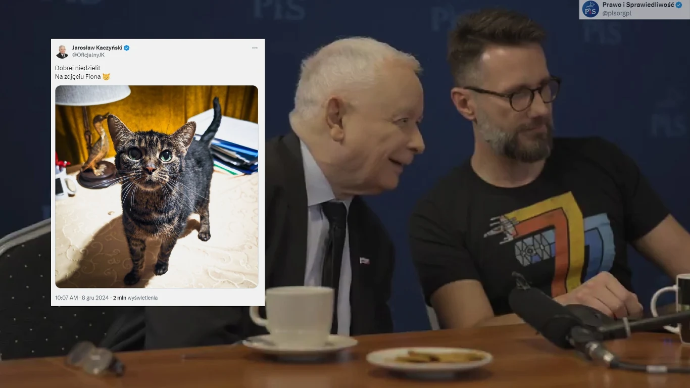 Przy komputerze Jarosław Kaczyński oraz Radosław Fogiel. Obok słynny tweet prezesa PiS z jego kotką Fioną Przy komputerze Jarosław Kaczyński oraz Radosław Fogiel. Obok słynny tweet prezesa PiS z jego kotką Fioną