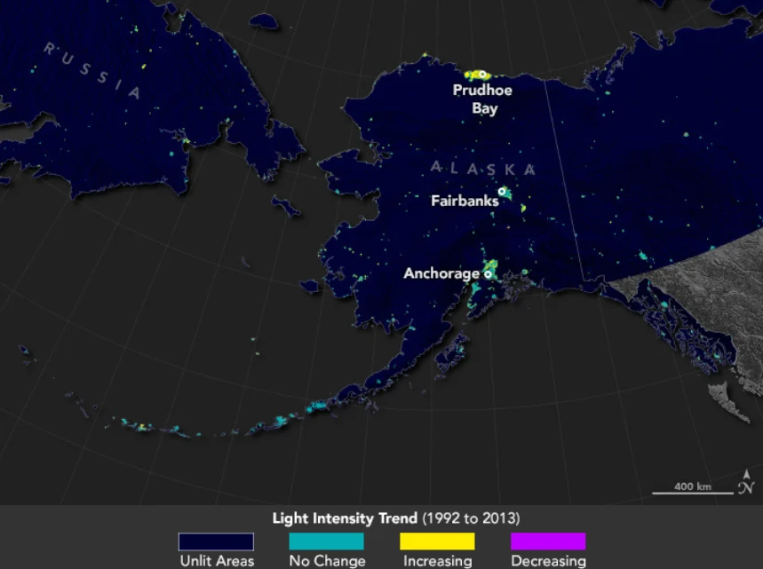 Intensywność sztucznego oświetlenia na Alasce