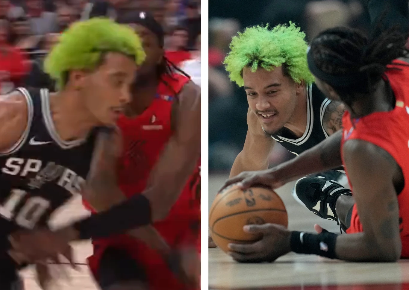 NBA. Jeremy Sochan i Jerami Grant zaliczyli kilka widowiskowych boiskowych starć podczas meczu Blazers - Spurs NBA. Jeremy Sochan i Jerami Grant zaliczyli kilka widowiskowych boiskowych starć podczas meczu Blazers - Spurs