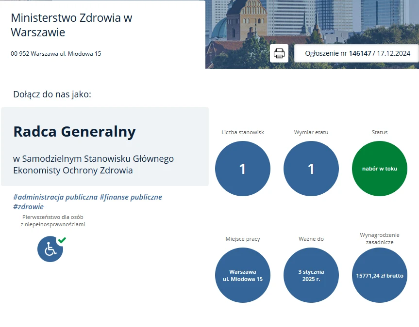 Ministerstwo Zdrowia szuka pracownika, będzie zarabiał ponad 15 000 zł brutto