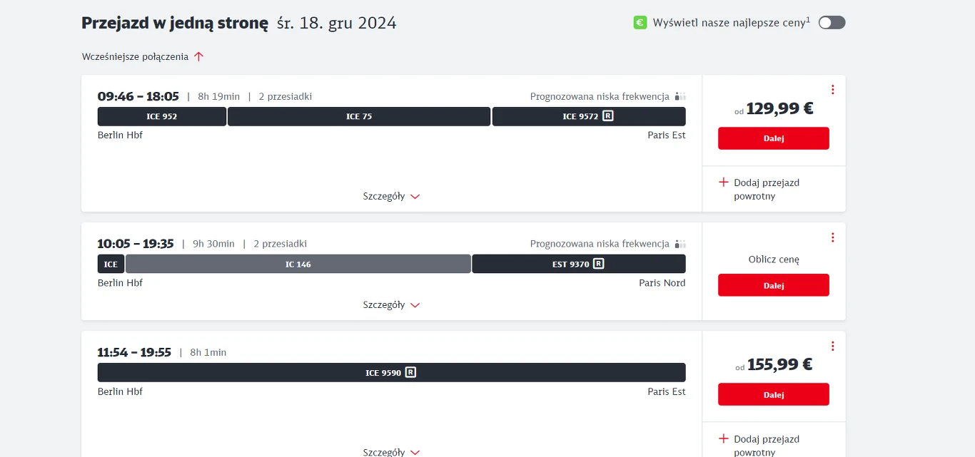 Tyle kosztują bilety na przejazd koleją z Berlina do Paryża, gdybyśmy kupili je na środę. Ceny sprawdzamy we wtorek. Bezpośredni kurs z 11:54 jest o około 25 euro droższy niż opcja z przesiadkami