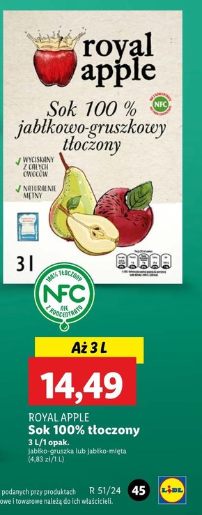 Royal apple Sok 100 % jabłkowo-gruszkowy tłoczony 3 l niska cena