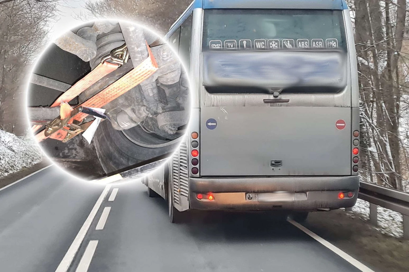 Inspektorzy ITD zatrzymali autokar, w którym tylną oś zamocowano pasami transportowymi Inspektorzy ITD zatrzymali autokar, w którym tylną oś zamocowano pasami transportowymi