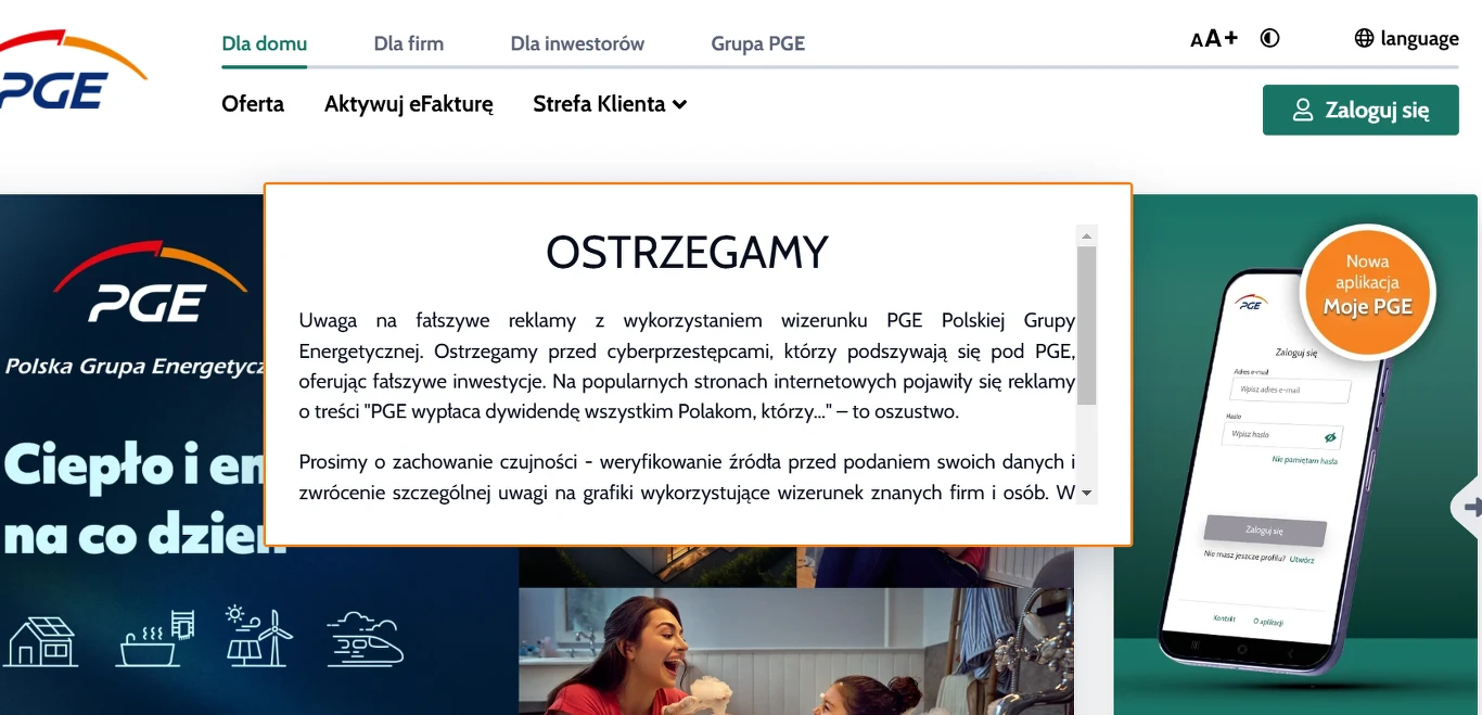 PGE ostrzega Polaków, na stronie internetowej pojawił się specjalny komunikat