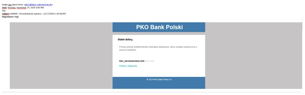 PKO BP opublikowało wiadomość wysyłaną przez cyberprzestępców