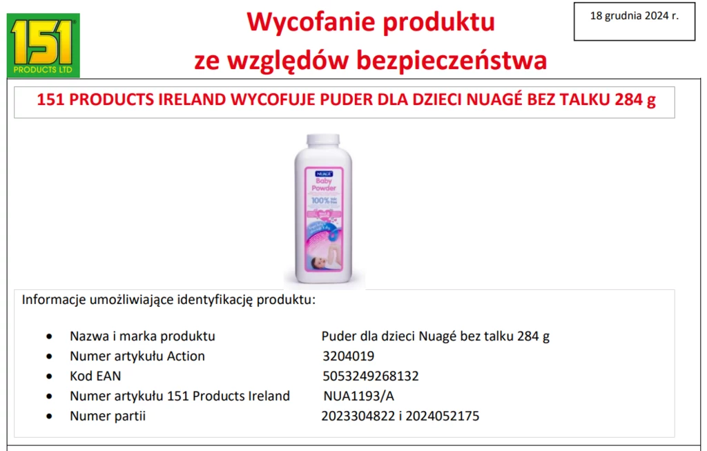 Action apeluje do klientów, by nie używali pudru dla dzieci