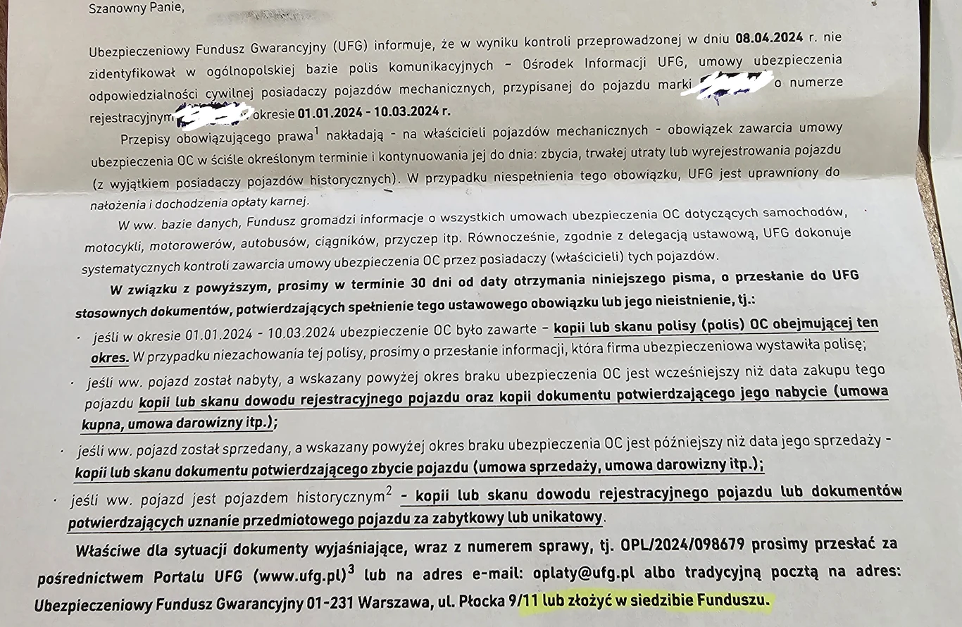 Tak wygląda pierwsze pismo z UFG informujące o braku polisy OC posiadaczy pojazdów mechanicznych