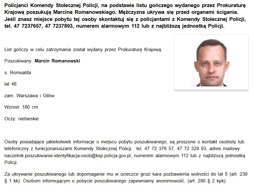 List gończy za Marcinem Romanowskim