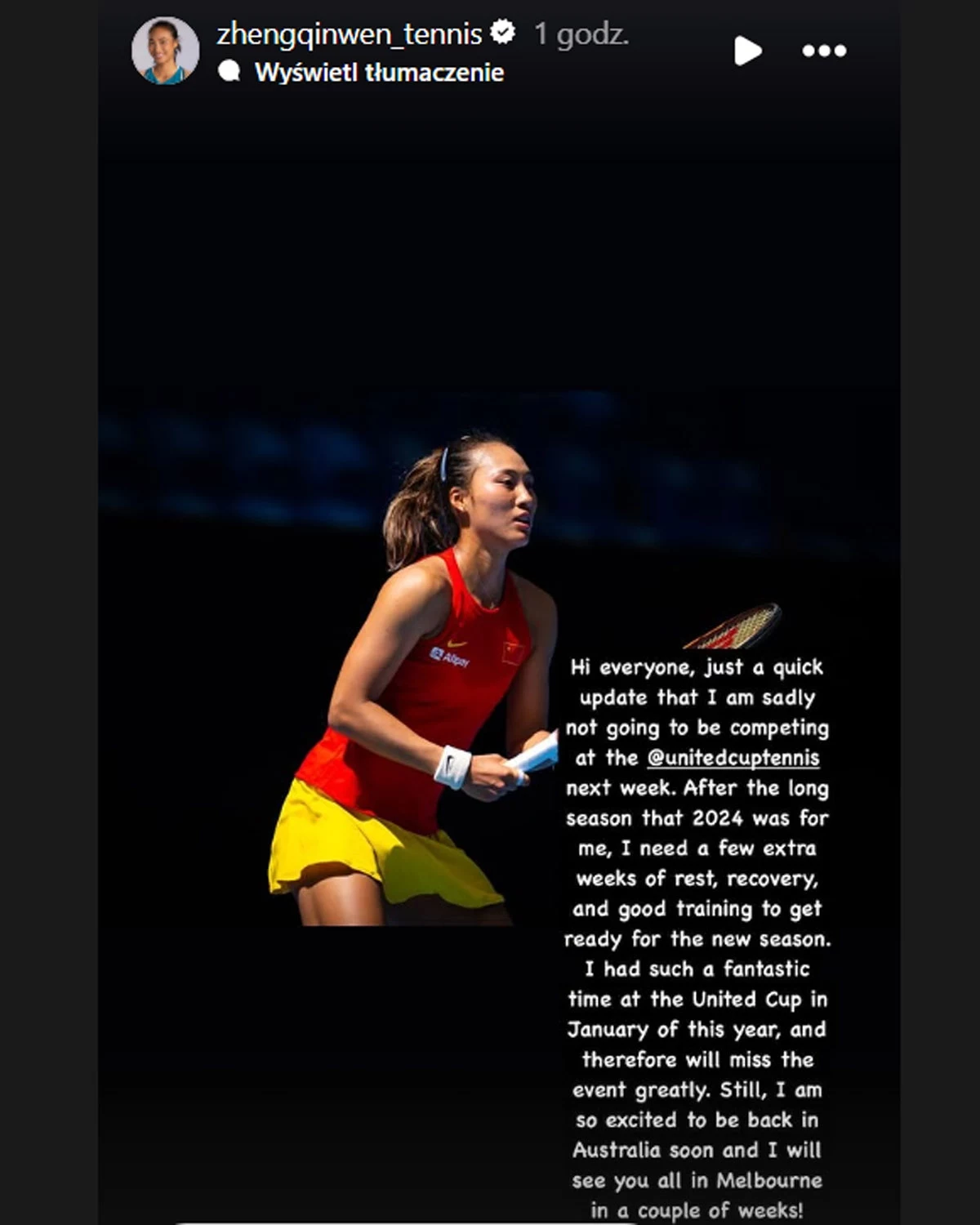 Qinwen Zhang wycofała się z United Cup. Swoją decyzję ogłosiła na Instagramie Qinwen Zhang wycofała się z United Cup. Swoją decyzję ogłosiła na Instagramie