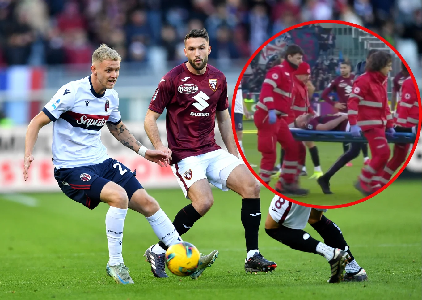 Sebastian Walukiewicz opuścił boisko w meczu z Bologną na noszach Sebastian Walukiewicz opuścił boisko w meczu z Bologną na noszach