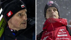 Skoki narciarskie. Na zdjęciu polski skoczek Piotr Żyła oraz trener Thomas Thurnbichler