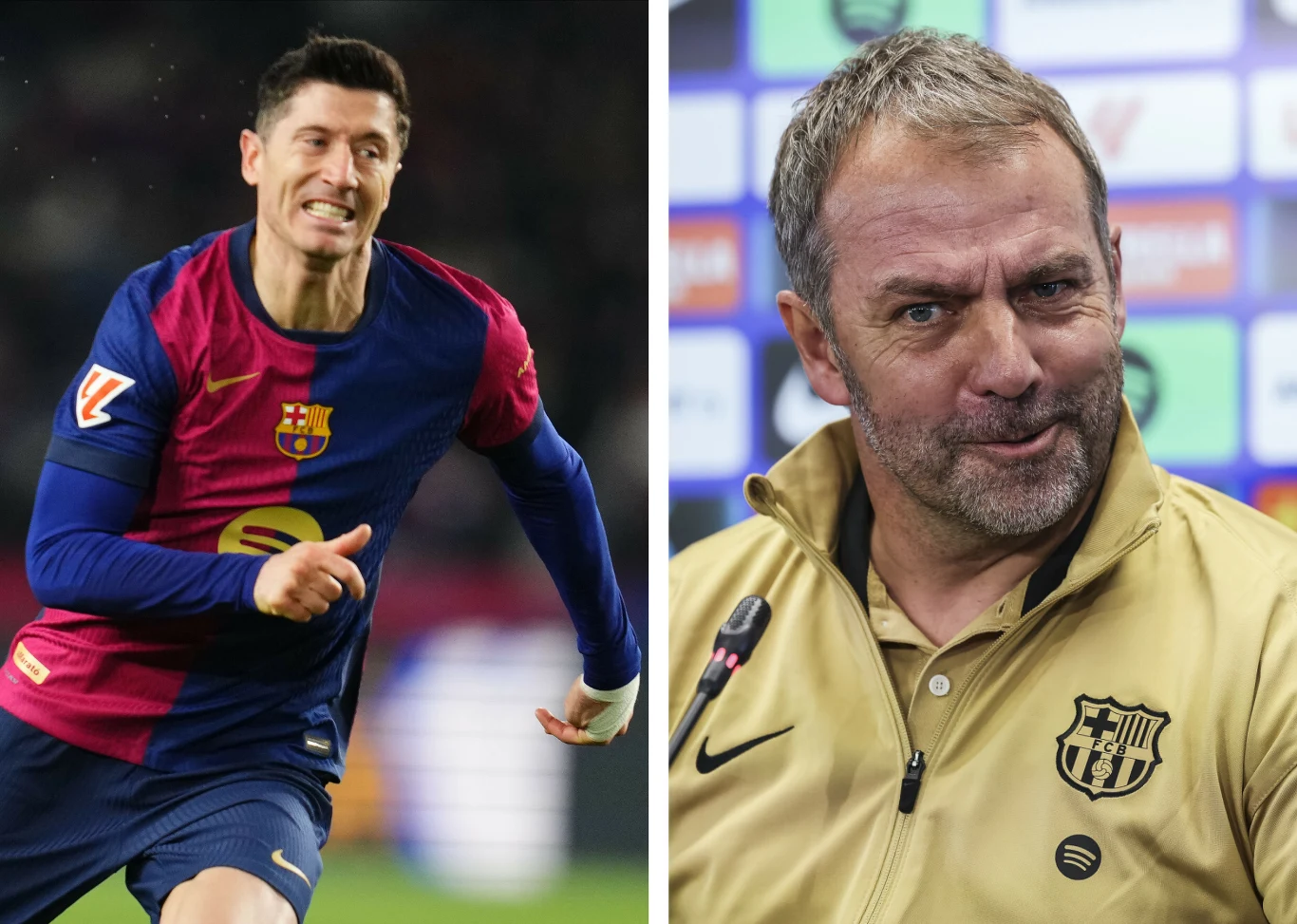 FC Barcelona. Na zdjęciu Robert Lewandowski oraz Hansi Flick
