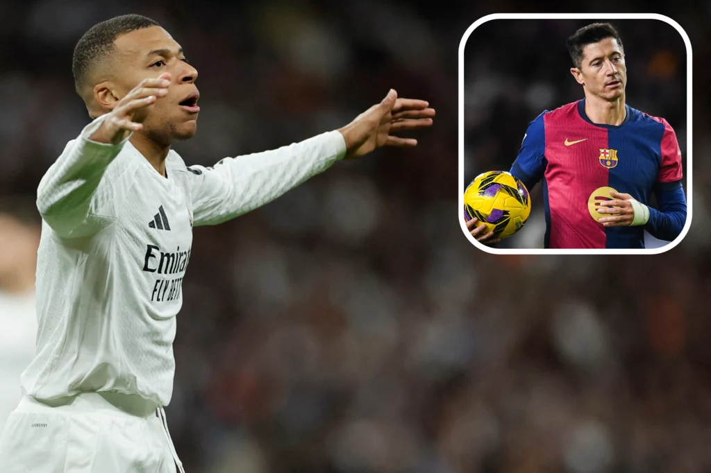 Na zdjęciu gwiazdor Realu Madryt Kylian Mbappe oraz snajper FC Barcelona - Robert Lewandowski Na zdjęciu gwiazdor Realu Madryt Kylian Mbappe oraz snajper FC Barcelona - Robert Lewandowski