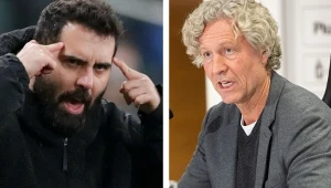 Trener Goncalo Feio (z lewej) i prezes Dariusz Mioduski 