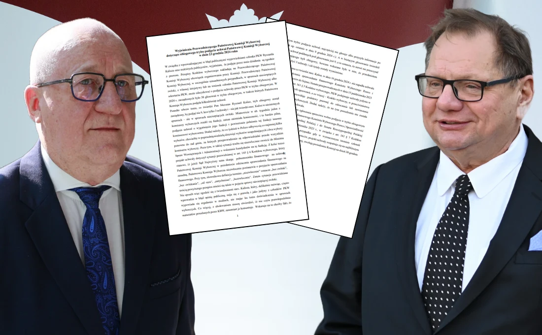 Szef PKW Sylwester Marciniak odpowiada członkowi gremium Ryszardowi Kaliszowi. W tle sprawozdanie PiS Szef PKW Sylwester Marciniak odpowiada członkowi gremium Ryszardowi Kaliszowi. W tle sprawozdanie PiS