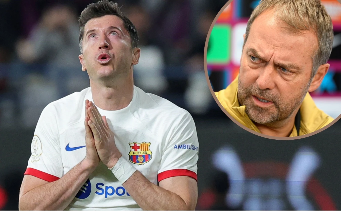 Robert Lewandowski i trener Hansi Flick Robert Lewandowski w stroju FC Barcelony z dłońmi uniesionymi, obok twarz Hansiego Flicka.