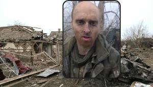 Pojmany Oscar Jenkins na tle zrujnowanej nalotami wsi koło Kramatorska, gdzie mieszkał