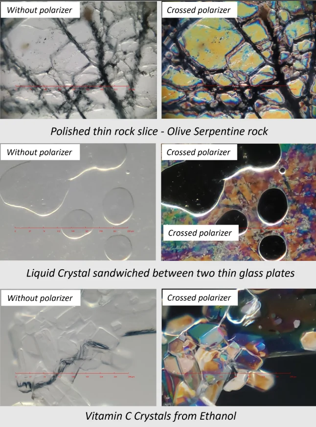Zdjęcia preparatów bez polaryzacji (z lewej) i z polaryzacją (po prawej)