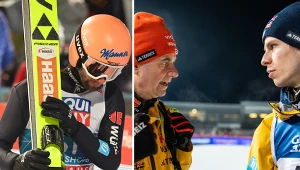 Pius Paschke (L) oraz trener Niemców Stefan Horngacher i Andreas Wellinger (P)