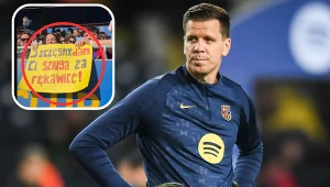 FC Barcelona. Na zdjęciu Wojciech Szczęsny i transparent wywieszony przez fanów "Dumy Katalonii"