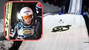 Skoki narciarskie. Na zdjęciu reprezentant Norwegii Kristoffer Eriksen Sundal na tle skoczni w Oberstdorfie