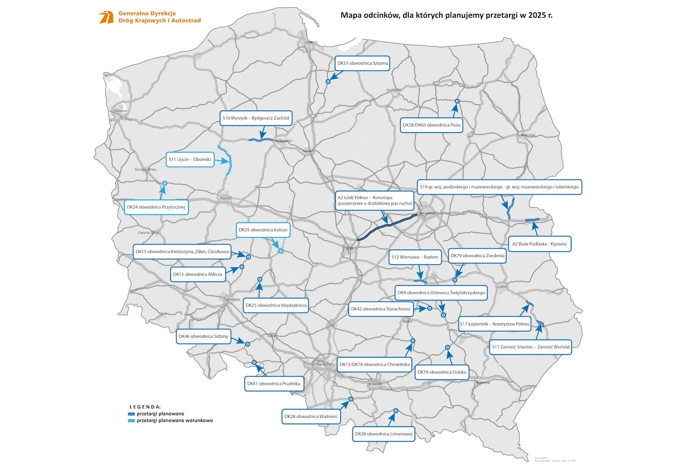 Odcinki dróg, na które zostaną ogłoszone przetargi na budowę w 2025 roku