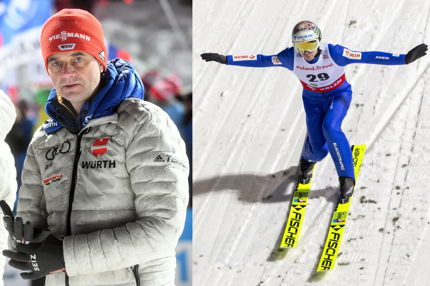 Skoki narciarskie. Na zdjęciu trener Stefan Horngacher oraz polski skoczek Aleksander Zniszczoł