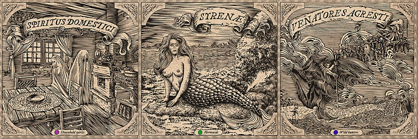 Przykłady stworzeń występujących w legendach. Ilustracje stworzone metodą linorytu