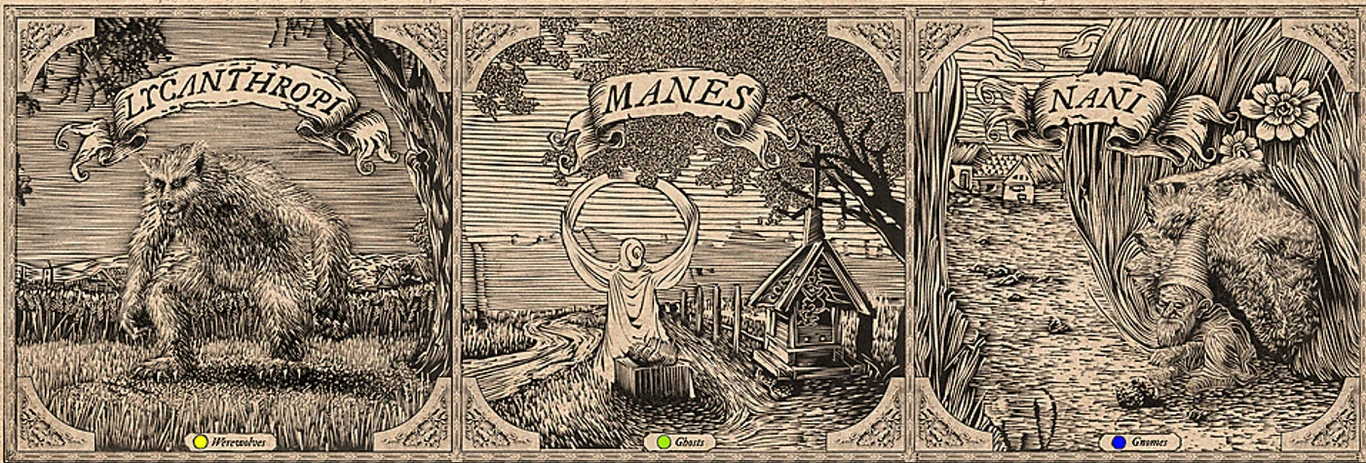 Przykłady stworzeń występujących w legendach. Ilustracje stworzone metodą linorytu