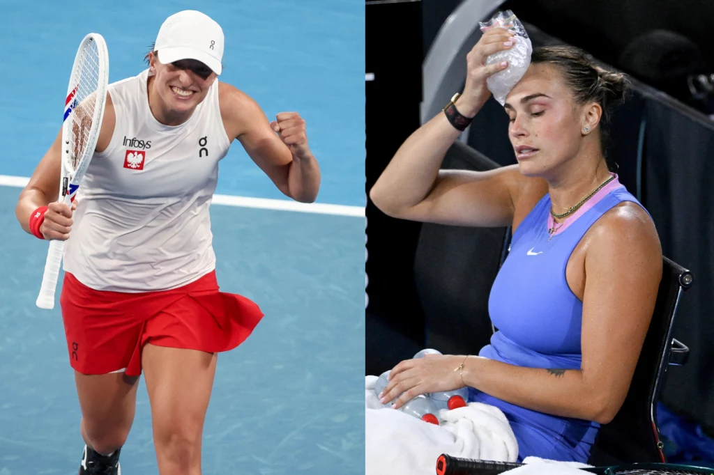 Tenis. Na zdjęciu dwie czołowe tenisistki rankingu WTA - Iga Świątek oraz Aryna Sabalenka Tenis. Na zdjęciu dwie czołowe tenisistki rankingu WTA - Iga Świątek oraz Aryna Sabalenka