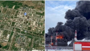 Widok na rafinerię w Riazaniu na mapie i pożar ropy w obwodzie orłowskim po ataku ukraińskich dronów