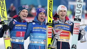 Jan Hoerl, Stefan Kraft i Daniel Tschofenig w Innsbrucku, 04.01.2025 r.