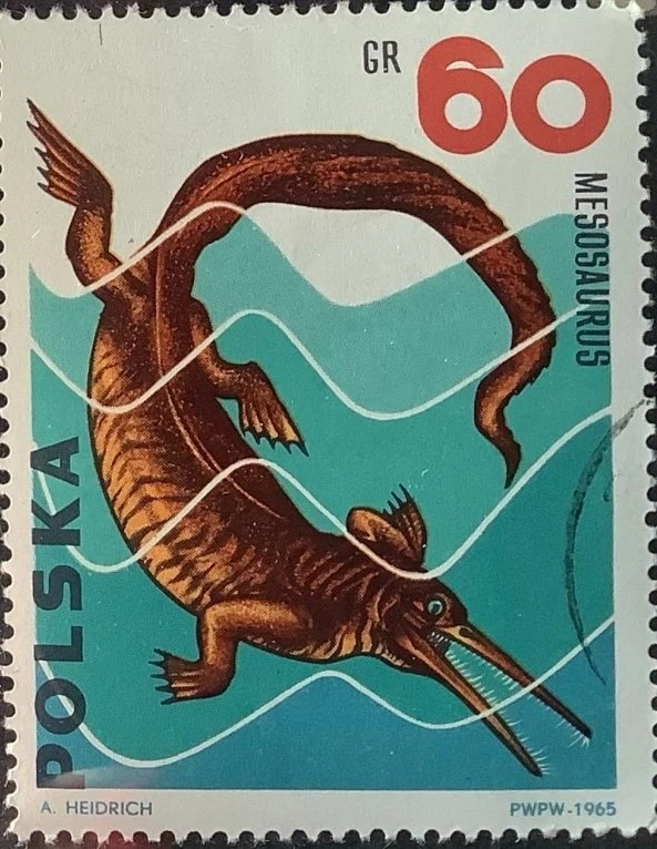 Mezozaur na polskim znaczku pocztowym z 1965 roku