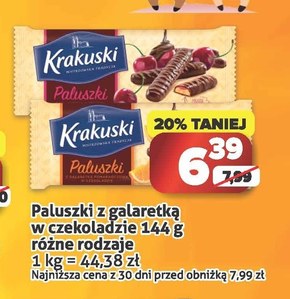 Krakuski Paluszki z galaretką wiśniową w czekoladzie 144 g niska cena