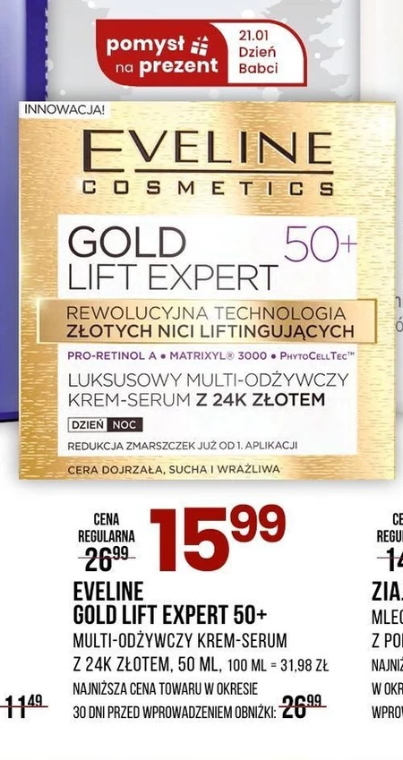 Eveline cosmetics Gold Revita Expert Wygładzający krem-serum z 24K złotem, na dzień i na noc, 30+