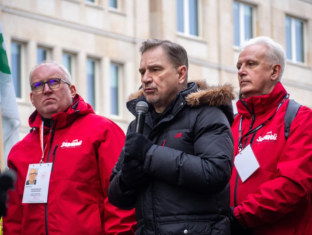 Od lewej: Dariusz Gierek, zastępca przewodniczącego Śląsko-Dąbrowskiej "Solidarności", Piotr Duda, szef "Solidarności", Dominik Kolorz, przewodniczący Ślasko-Dąbrowskiej "Solidarności"