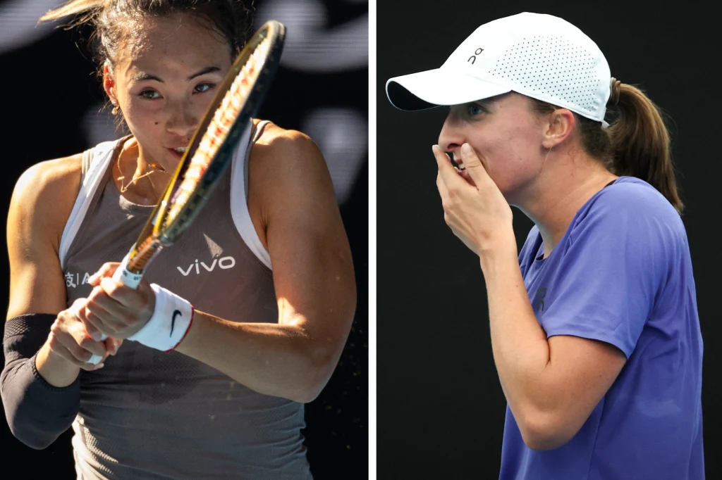 Tenis. Na zdjęciu mistrzyni olimpijska z Paryża Qinwen Zheng oraz wiceliderka rankingu WTA - Iga Świątek