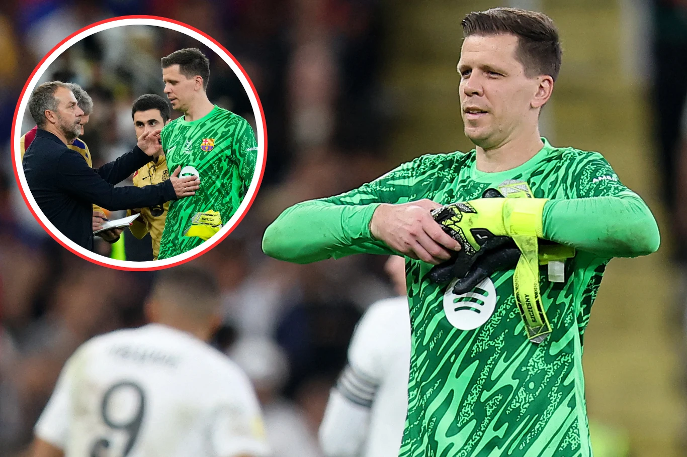 Trener FC Barcelona Hansi Flick oraz Wojciech Szczęsny podczas meczu z Realem Madryt
