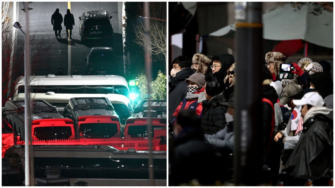 Seul, Korea Południowa. Tłumy ludzi i barykada przed rezydencją byłego prezydenta Jun Suk Jeola Seul, Korea Południowa. Tłumy ludzi i barykada przed rezydencją byłego prezydenta Jun Suk Jeola